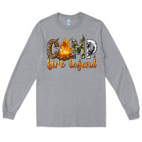Heather Grey camp fire legend with fire Long Sleeve Tee - texasbilliewilder