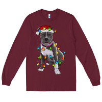 Burgundy Pitbull With Christmas Lights Long Sleeve Tee - RanaPortraitStore