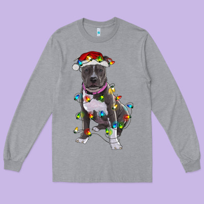 Long Sleeve Tee Pitbull With Christmas Lights