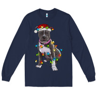 Navy Pitbull With Christmas Lights Long Sleeve Tee - RanaPortraitStore