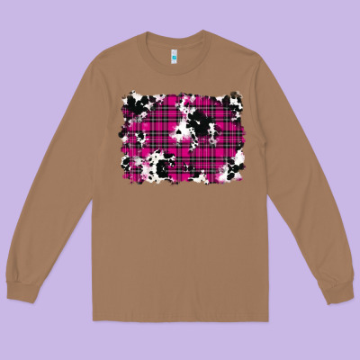 Long Sleeve Tee Pink Christmas Plaid Cowhide Pattern Background