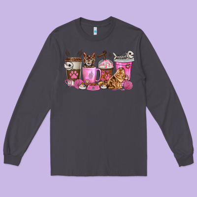 Long Sleeve Tee cat coffee cups