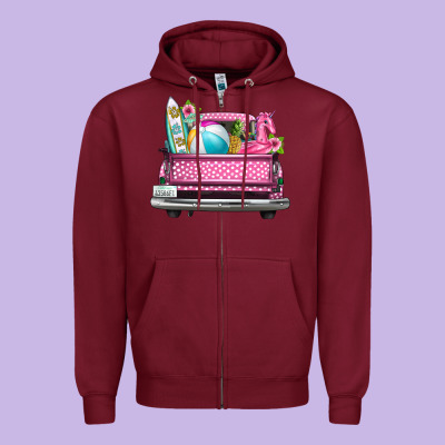 Summer Pink Truck Beach Zipper Hoodie Designed By Texasbilliewilder