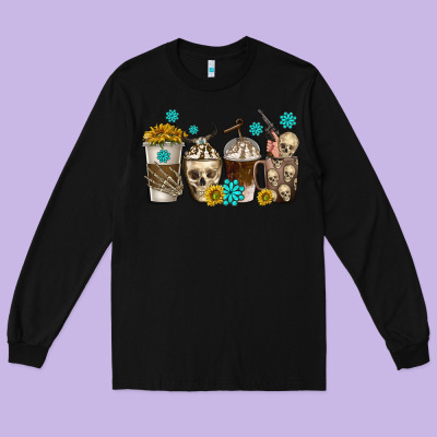 Long Sleeve Tee coffee cups bull skull with gemstones