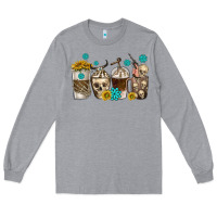 Heather Grey coffee cups bull skull with gemstones Long Sleeve Tee - texasbilliewilder