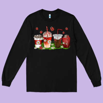 Long Sleeve Tee coffee cups lady bug with daisies