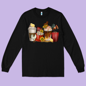 Coffee Cups Rooster Long Sleeve Tee Designed By Texasbilliewilder