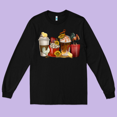 Long Sleeve Tee coffee cups rooster