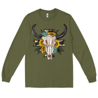 Army Green cow aztec western bull skull Long Sleeve Tee - texasbilliewilder