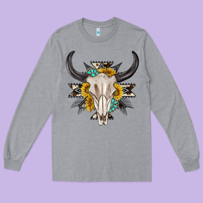 Long Sleeve Tee cow aztec western bull skull