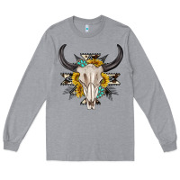 Heather Grey cow aztec western bull skull Long Sleeve Tee - texasbilliewilder
