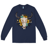 Navy cow aztec western bull skull Long Sleeve Tee - texasbilliewilder