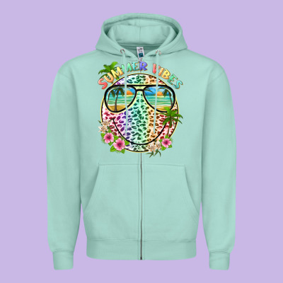Summer Vibes With Smile Face And Leopard Zipper Hoodie Designed By Texasbilliewilder