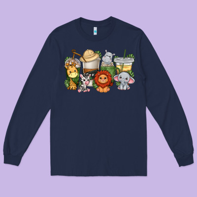 Long Sleeve Tee cute baby safari animals coffee cups