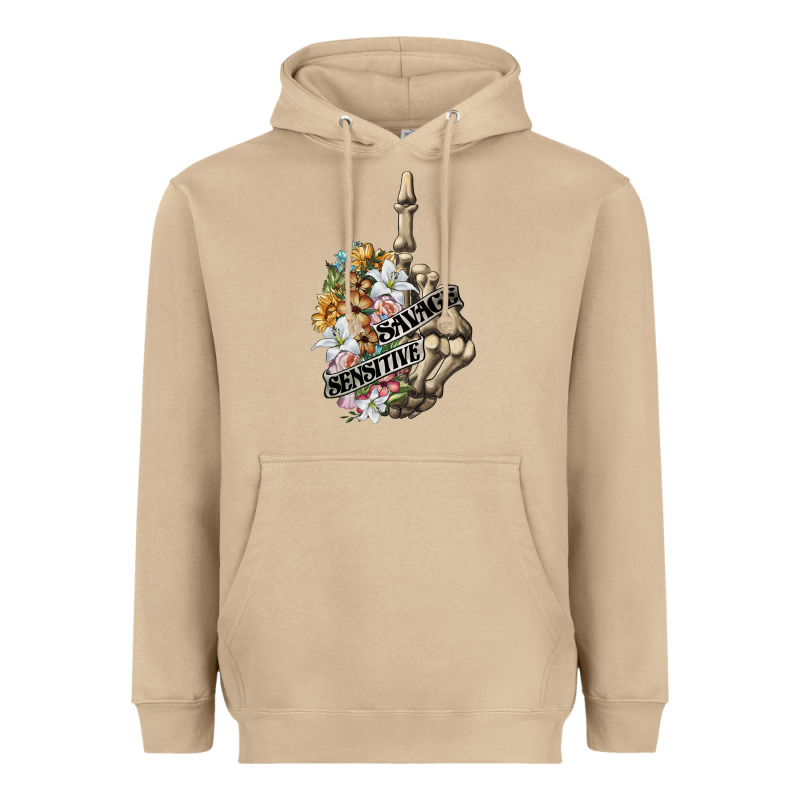 Sensitive Savage Skeleton Middle Finger Heavyweight Hoodie by FaDigitalArtStudio | Teevron
