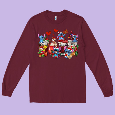 Christmas Stitch Coffee Cups Long Sleeve Tee Designed By Adodesignshop