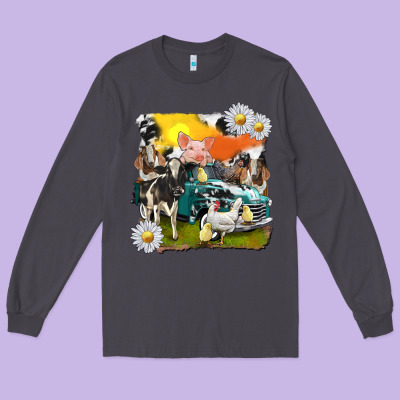 Long Sleeve Tee cowhide farm truck with farm animals