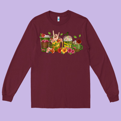 Long Sleeve Tee floral hustler coffee cups