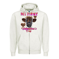 Oatmeal Heather my first valentine's day highland calf Zipper Hoodie - RanaPortraitStore
