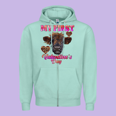 My First Valentine's Day Highland Calf Zipper Hoodie Designed By Ranaportraitstore