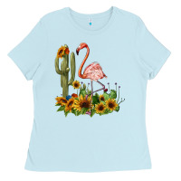 Baby Blue flamingo with cactus and sunflowers Ladies Tee - BarkalooDesign
