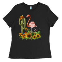 Black flamingo with cactus and sunflowers Ladies Tee - BarkalooDesign