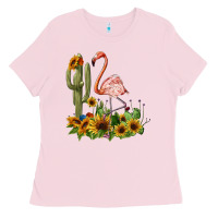 Bubblegum Pink flamingo with cactus and sunflowers Ladies Tee - BarkalooDesign