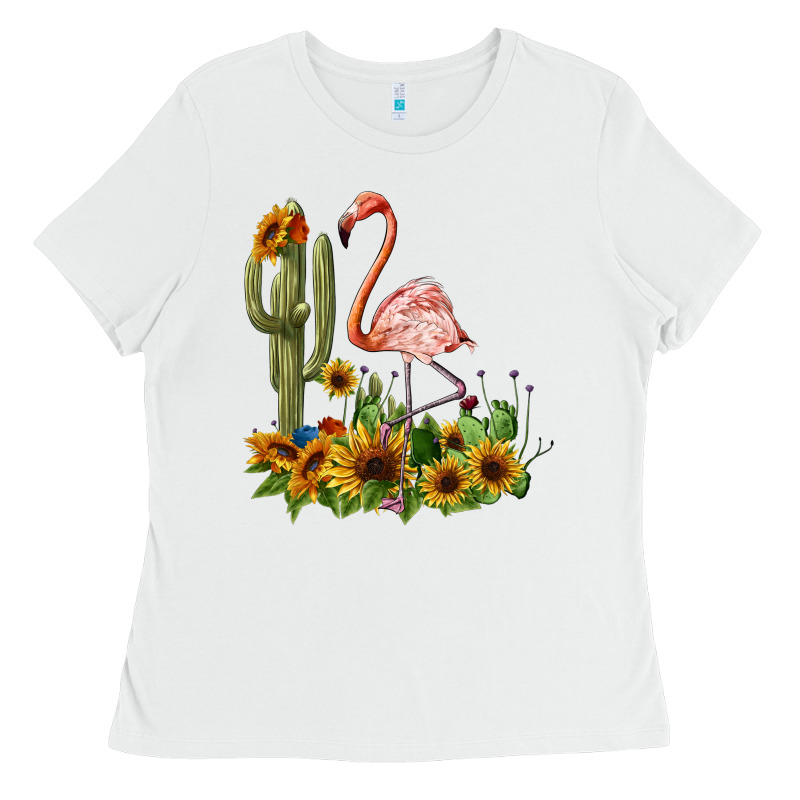 Flamingo With Cactus And Sunflowers Ladies Tee by BarkalooDesign | Teevron