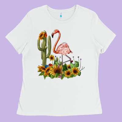 Flamingo With Cactus And Sunflowers Ladies Tee Designed By Barkaloodesign