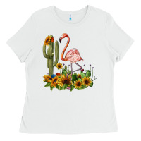 White flamingo with cactus and sunflowers Ladies Tee - BarkalooDesign