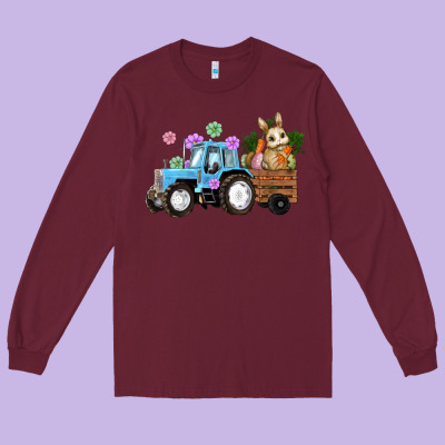 Long Sleeve Tee Happy Easter Tractor with Bunny Flowers and Carrot