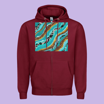 Turquoise Brushstrokes With Leopard And Cowhide Zipper Hoodie Designed By Ranaportraitstore