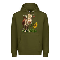 Army Green hereford heifer with sunflower Premium Hoodie - LillyAllenDesigns