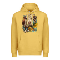 Antique Gold Hereford heifer with sunflower and leopard Premium Hoodie - LillyAllenDesigns