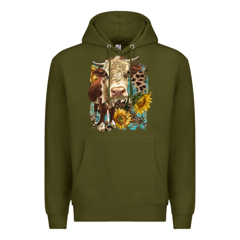 Hereford Heifer With Sunflower And Leopard Premium Hoodie by LillyAllenDesigns | Teevron