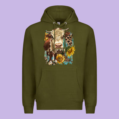 Hereford Heifer With Sunflower And Leopard Premium Hoodie Designed By Lillyallendesigns