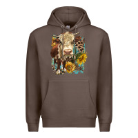 Coffee Hereford heifer with sunflower and leopard Premium Hoodie - LillyAllenDesigns