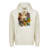 Oatmeal Heather Hereford heifer with sunflower and leopard Premium Hoodie - LillyAllenDesigns