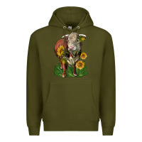 Army Green hereford bull with sunflowers Premium Hoodie - LillyAllenDesigns