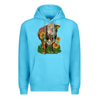Ocean Blue hereford bull with sunflowers Premium Hoodie - LillyAllenDesigns