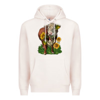 Pale Pink hereford bull with sunflowers Premium Hoodie - LillyAllenDesigns