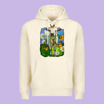 Charolais Heifer With Sunflower And Daisies Premium Hoodie Designed By Lillyallendesigns