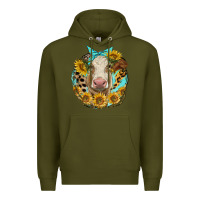 Army Green simmental heifer with sunflowers and leopard Premium Hoodie - LillyAllenDesigns
