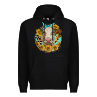 Black simmental heifer with sunflowers and leopard Premium Hoodie - LillyAllenDesigns