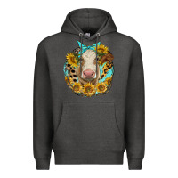 Charcoal Heather simmental heifer with sunflowers and leopard Premium Hoodie - LillyAllenDesigns