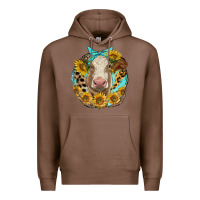 Chestnut simmental heifer with sunflowers and leopard Premium Hoodie - LillyAllenDesigns
