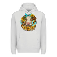 Dove Grey simmental heifer with sunflowers and leopard Premium Hoodie - LillyAllenDesigns