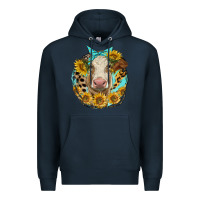 Navy simmental heifer with sunflowers and leopard Premium Hoodie - LillyAllenDesigns
