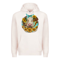 Pale Pink simmental heifer with sunflowers and leopard Premium Hoodie - LillyAllenDesigns