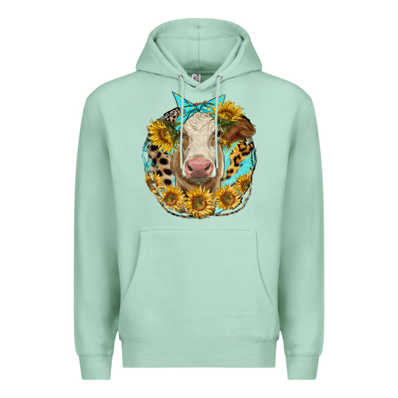 Simmental Heifer With Sunflowers And Leopard Premium Hoodie by LillyAllenDesigns | Teevron